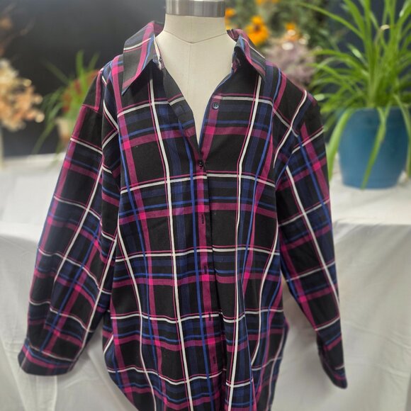 Foxcroft NYC Plaid Non-Iron Button Down Long Sleeve Plaid Shirt Womens - Picture 1 of 3